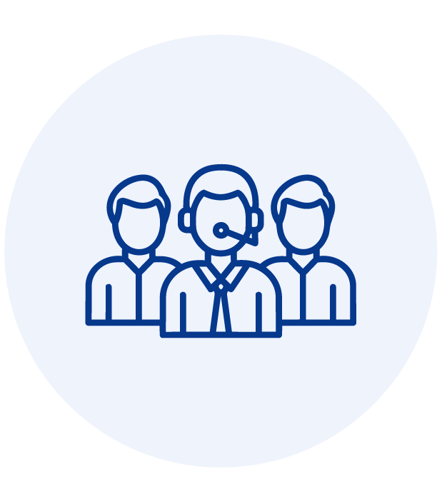 Three outline figures with the center one wearing a headset representing customer support team.