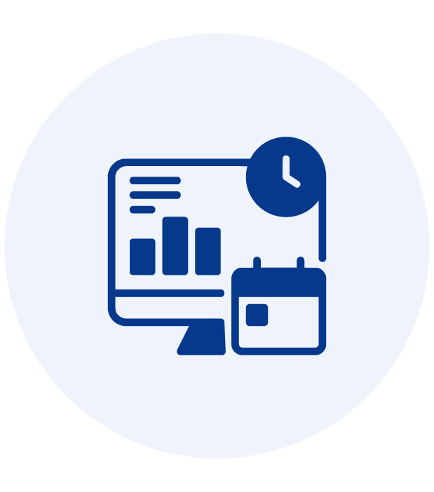 Blue icon of a computer screen with bar chart, clock, and calendar on light circular background.