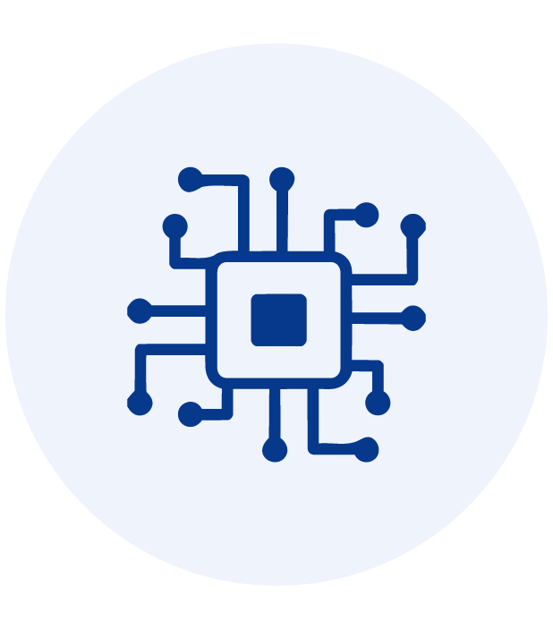 Blue microchip icon with circuit lines inside a light blue circle.