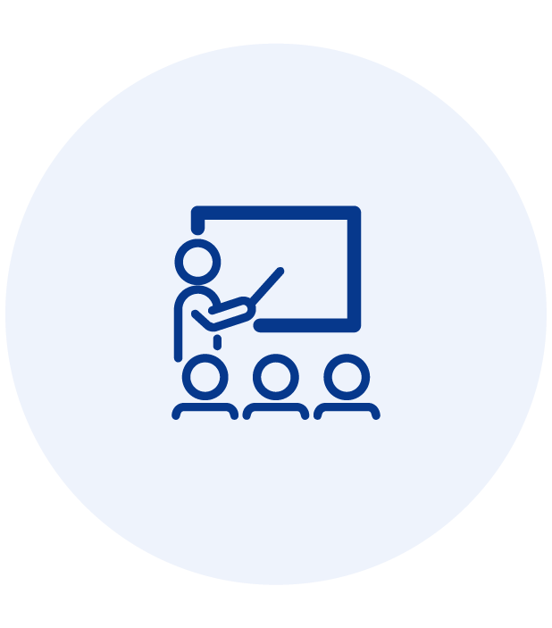 Icon of a person giving a presentation to three seated people with a pointer and a board.