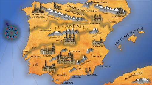 Carte illustrée d'Al-Andalus et des royaumes chrétiens ibériques