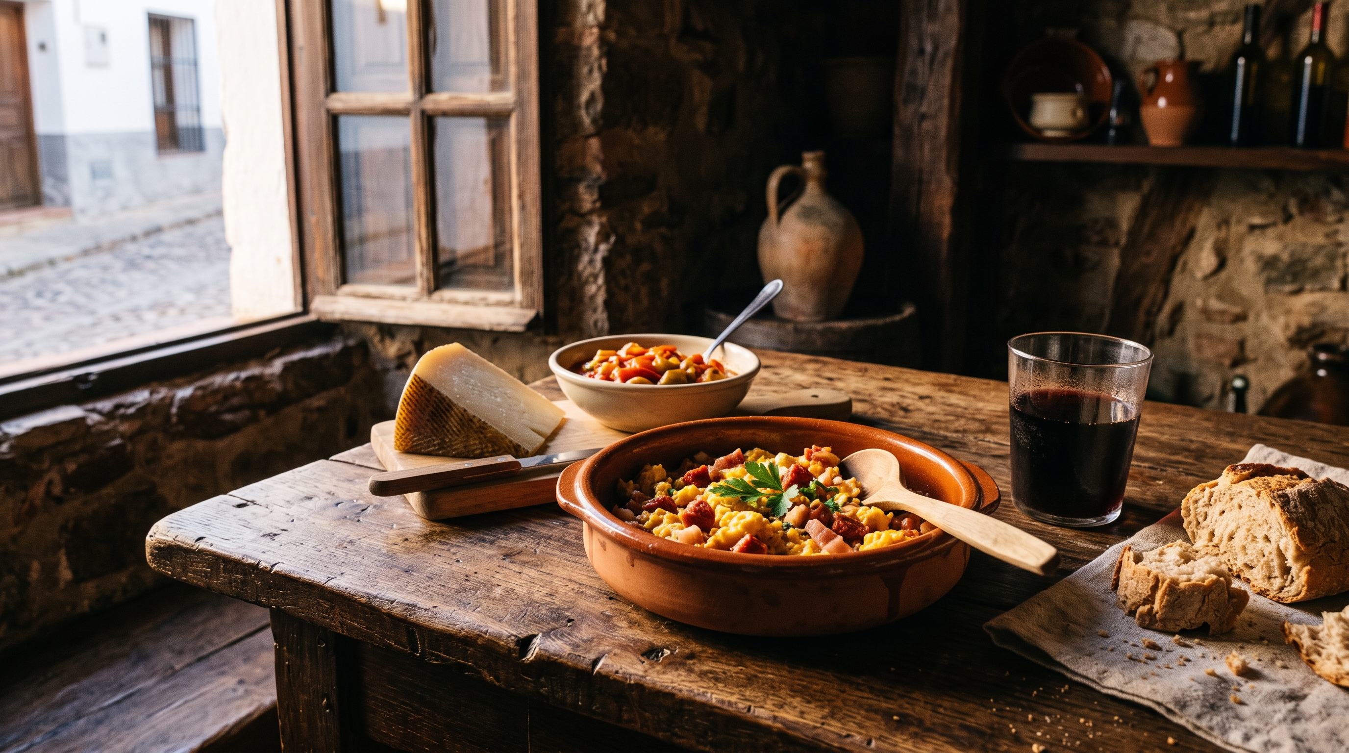 Duelos y quebrantos, œufs brouillés au lard et chorizo, servis avec du queso manchego, du pisto et un verre de vin rouge de la Manche, table en bois rustique