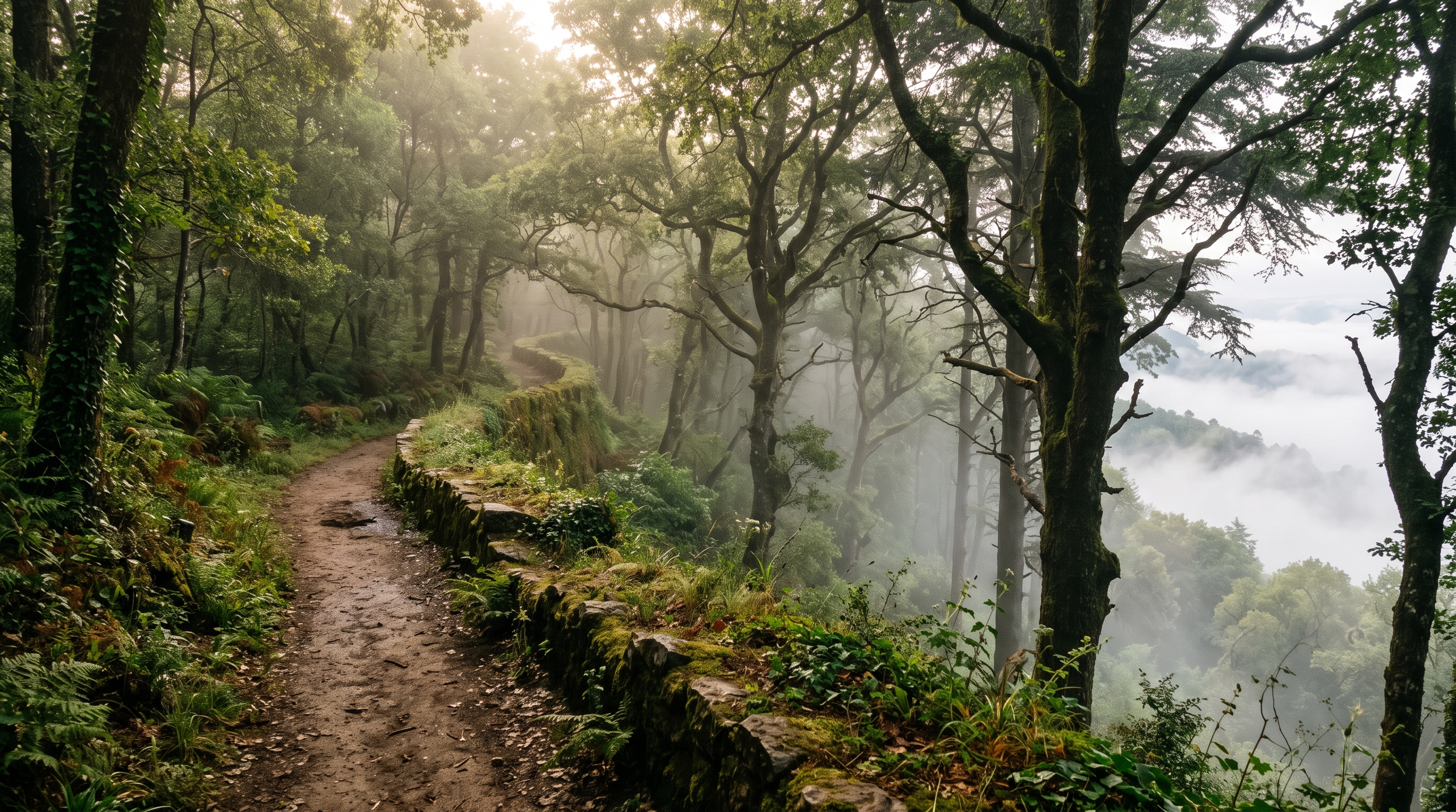Crête boisée de la Serra do Buçaco au petit matin, brume basse entre des cèdres et des chênes anciens, sentier de terre longeant l'ancienne ligne de défense, lumière verte filtrée, photographie de voyage réaliste