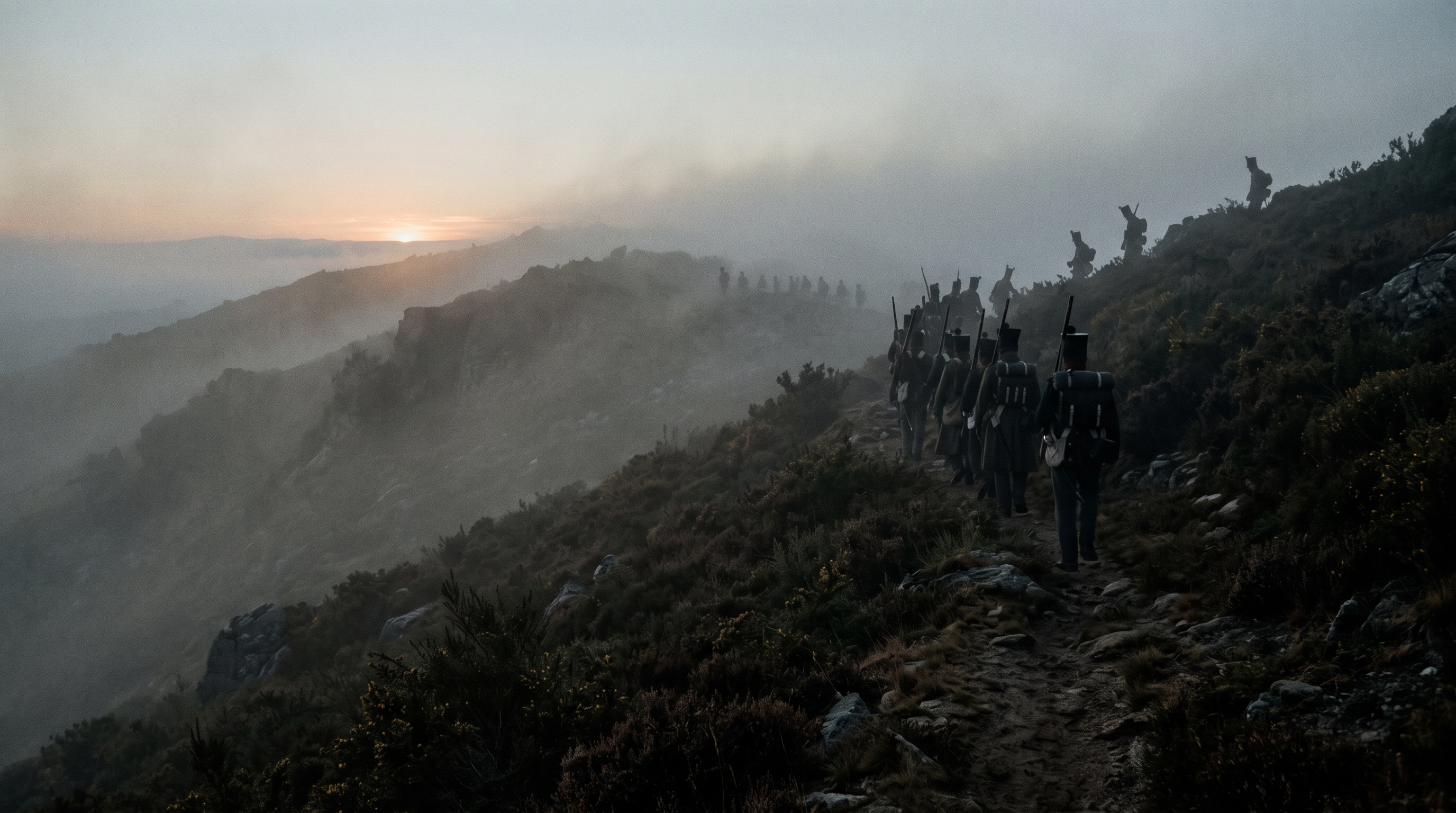Reconstitution atmosphérique de l'aube du 27 septembre 1810 sur la crête du Buçaco, silhouettes de fantassins dans la brume, pente raide couverte de bruyère, lumière rasante, sans texte, photographie de voyage réaliste et sobre