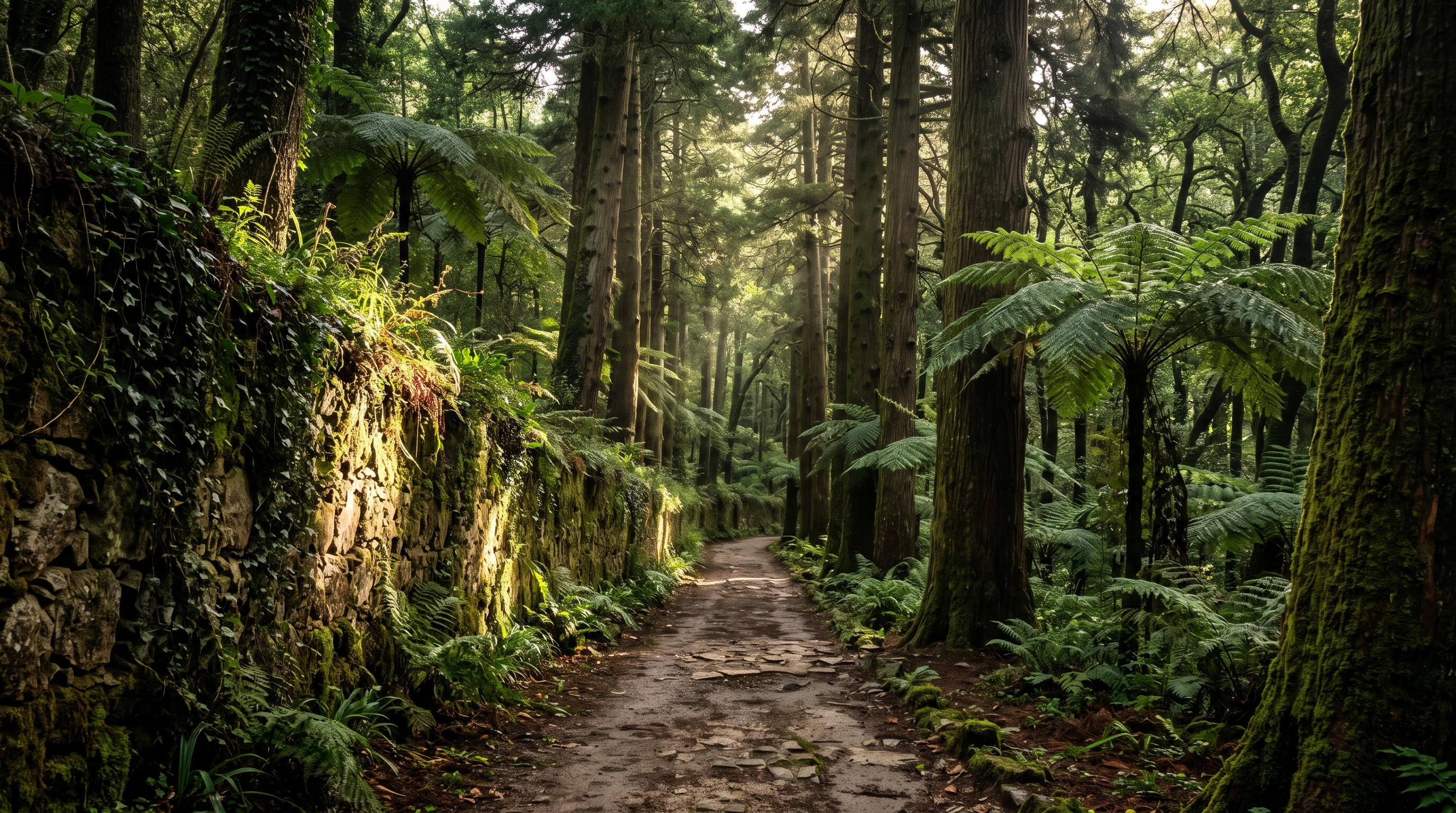 Allée de cèdres et de fougères géantes dans la Mata Nacional do Buçaco, mur ancien couvert de lierre, atmosphère de forêt-cathédrale, rayons de lumière traversant la canopée, photographie de voyage réaliste