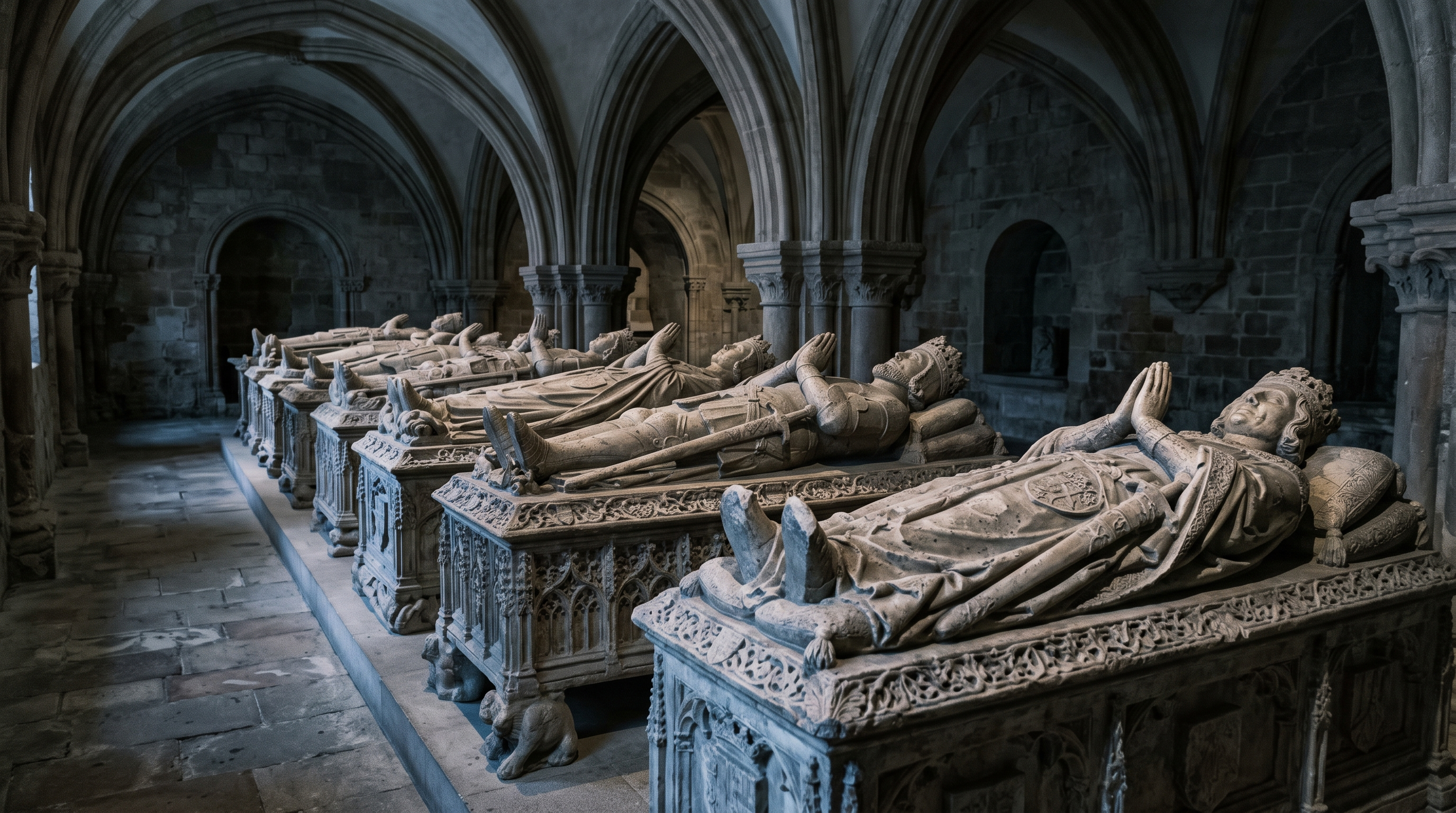 Panthéon royal de Nájera, gisants de pierre des rois de Navarre alignés dans une salle sombre, tombeaux sculptés