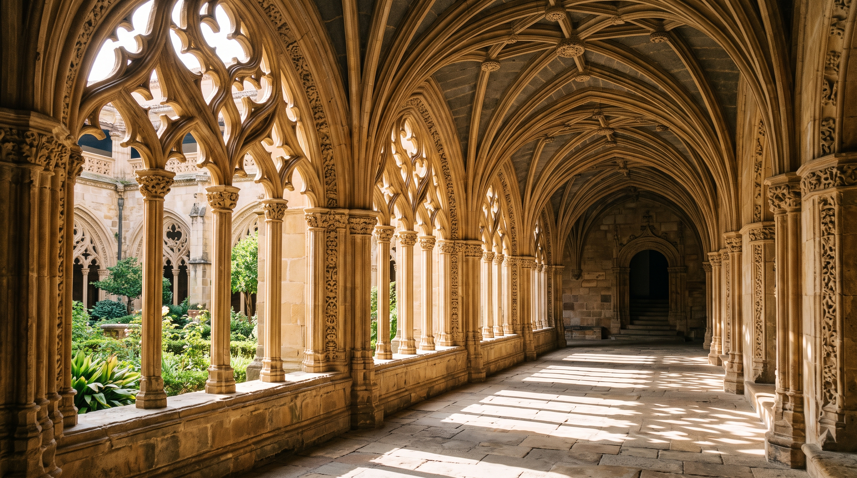 Claustro de los Caballeros de Nájera, cloître du XVIe siècle, arcs de pierre à tracería plateresque ajourée, lumière filtrée