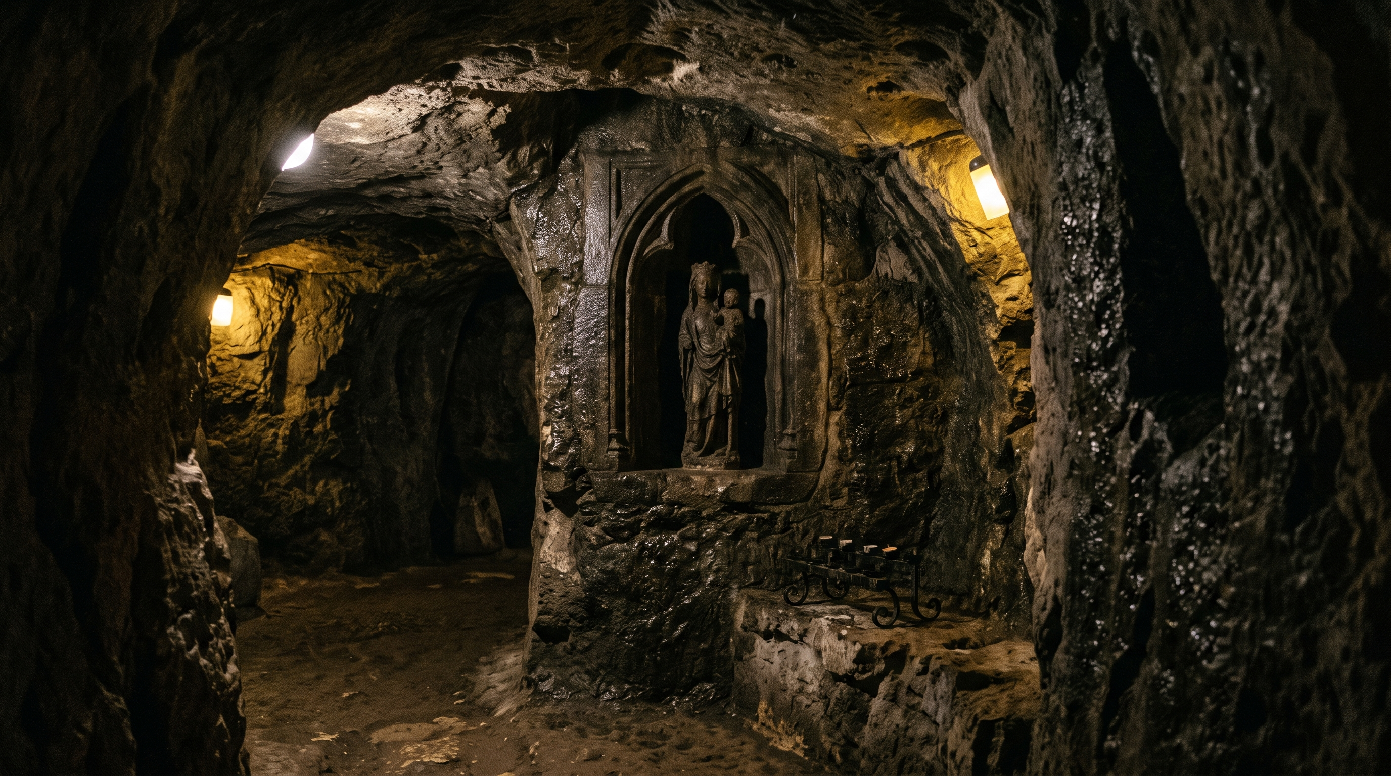 Grotte de calcaire sous l'église de Santa María la Real de Nájera, niche avec une petite Vierge gothique dans la pénombre, lumière jaune