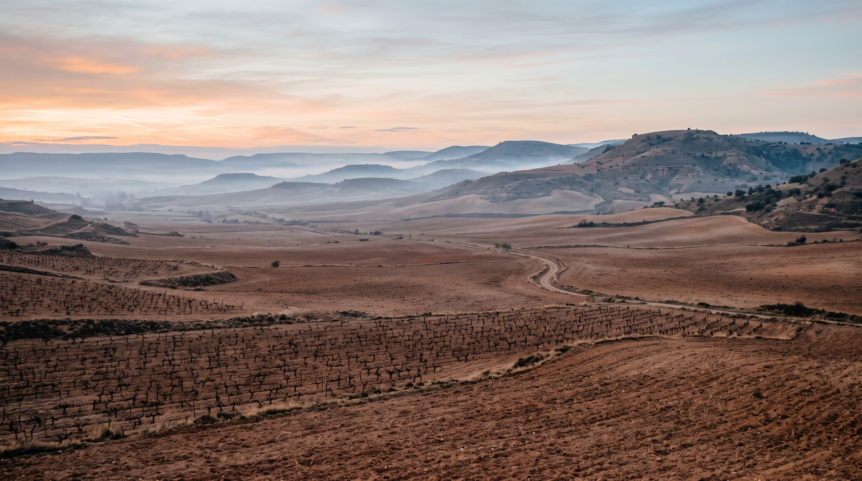 Plaine sèche autour de Nájera, La Rioja, champ de bataille médiéval au petit matin, terre à vignes et collines
