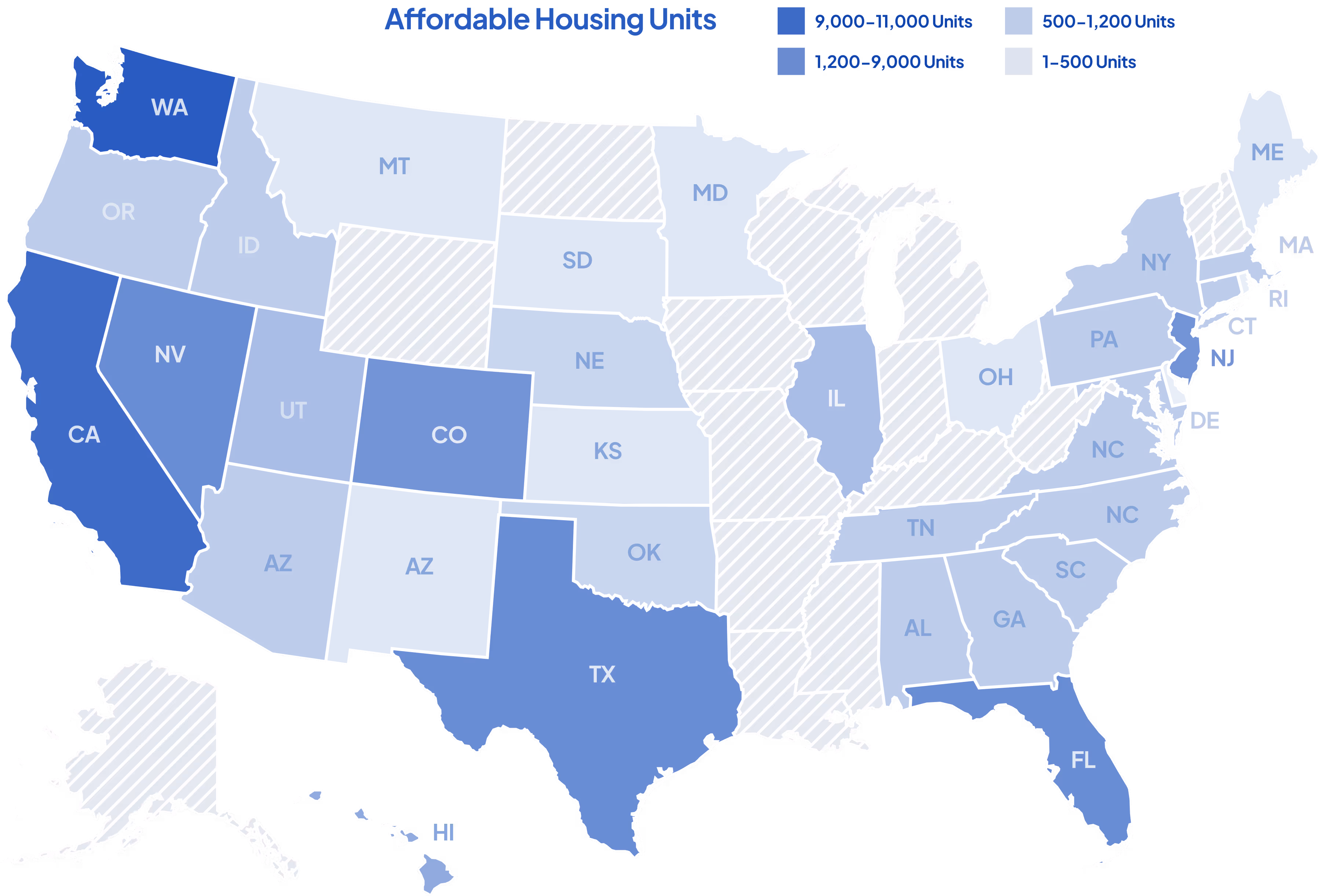 A map of the united states showing the average housing units.