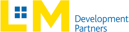A white and black logo with the words development partners.