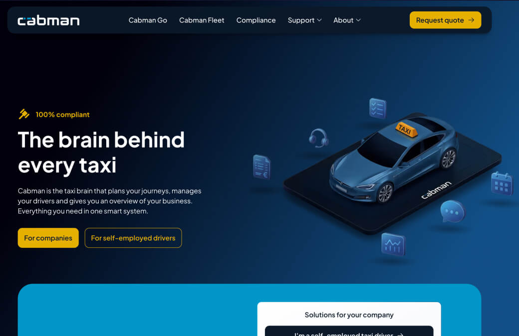 UI/UX Design by ZUID. Agency Cabman taxi brain that plans your rides, manages your drivers, and gives you an overview of your business. Everything you need in one smart system.