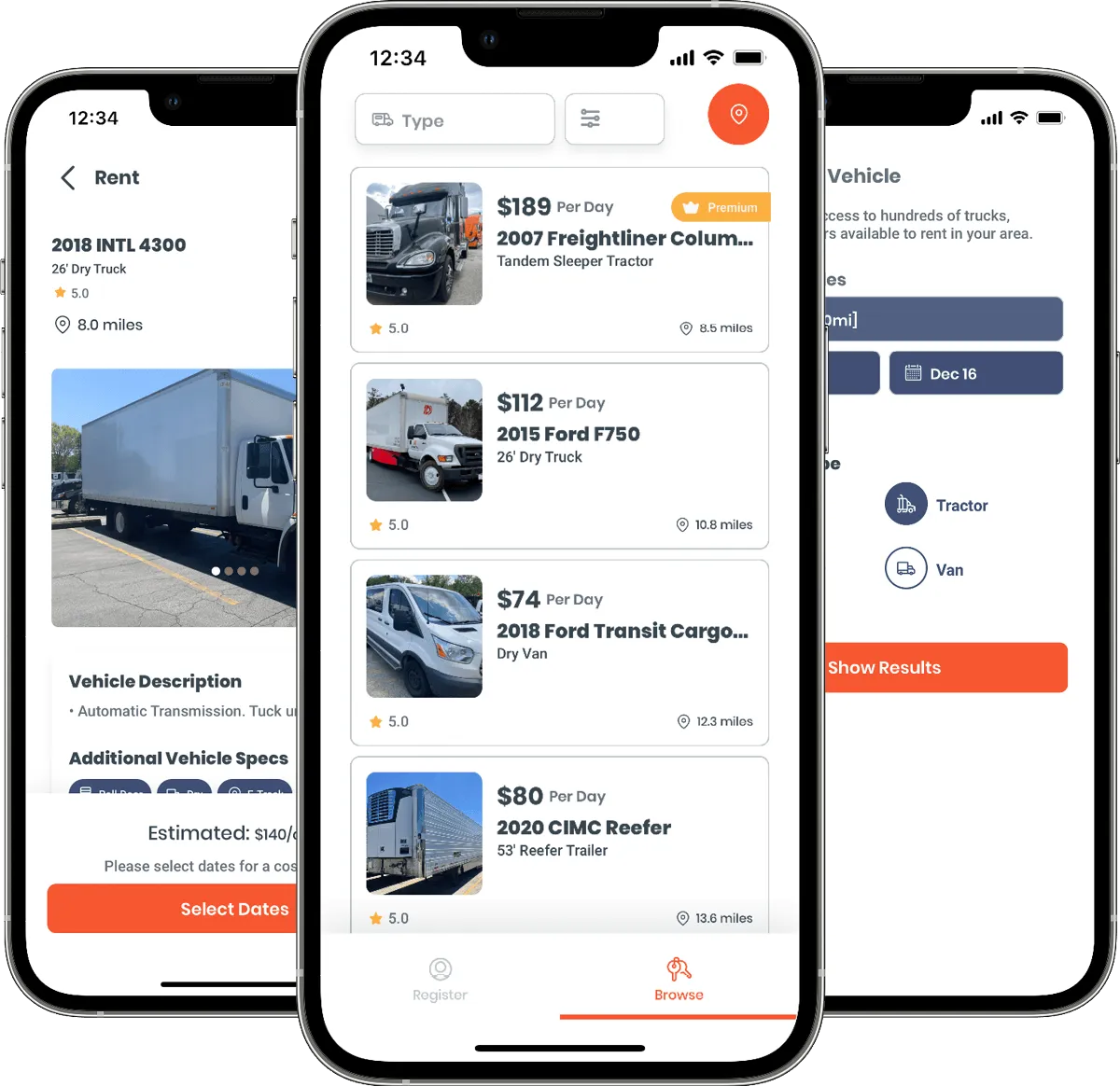 COOP mobile app showing commercial vehicles for rent.