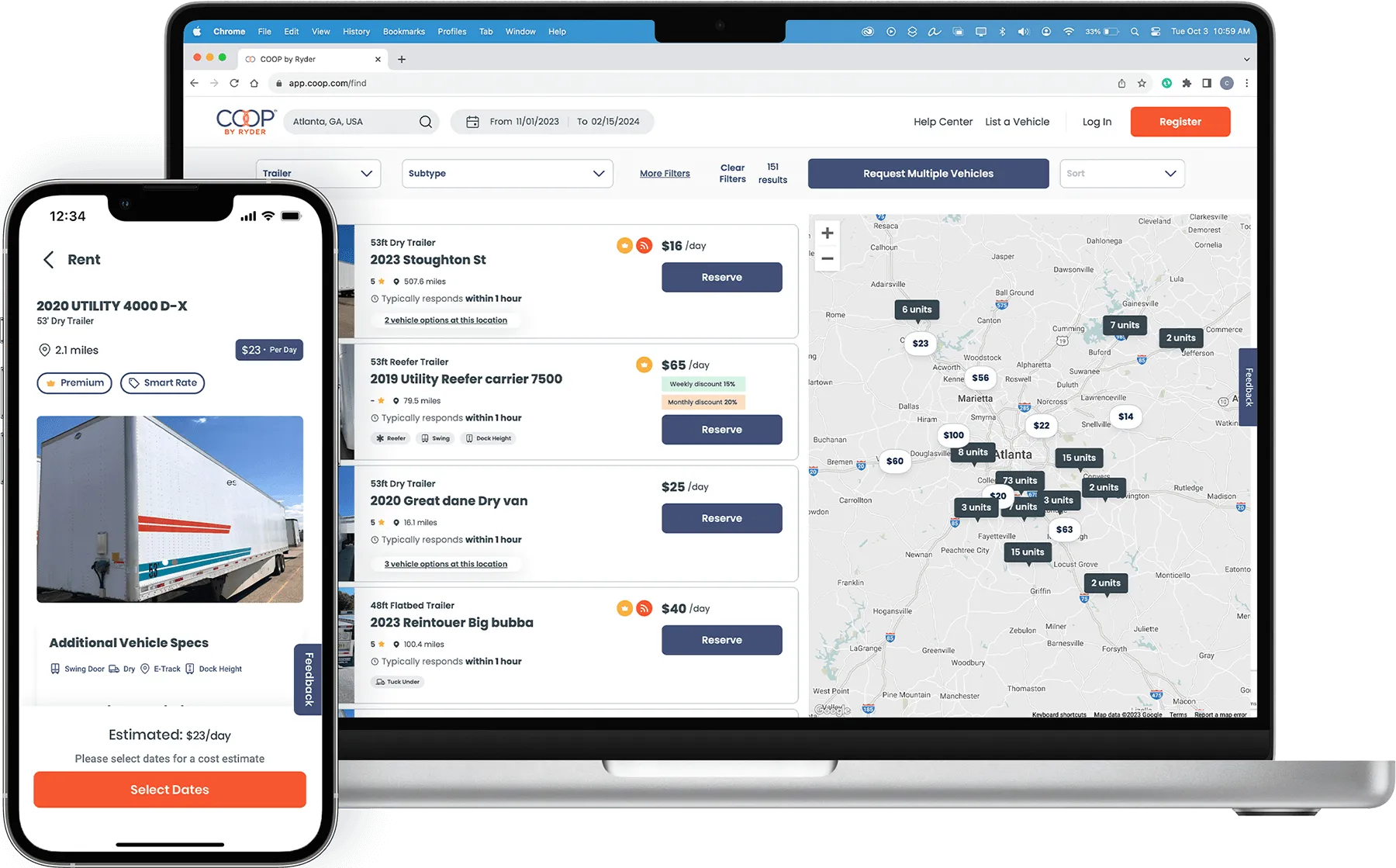 COOP mobile and desktop app showing commercial trailers for rent.