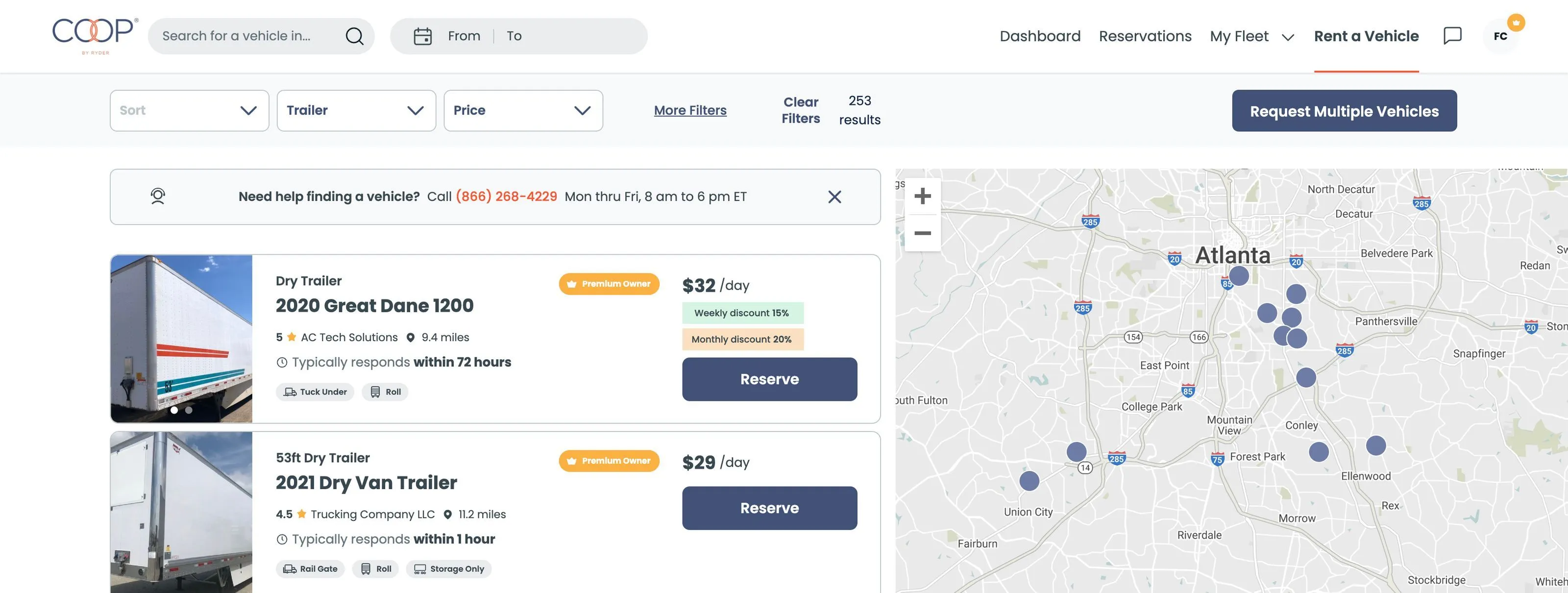 New COOP by Ryder feature for requesting multiple commercial vehicle rentals. Businesses with an account can now request to rent vehicles in bulk and specify vehicle type, price, location, and more.