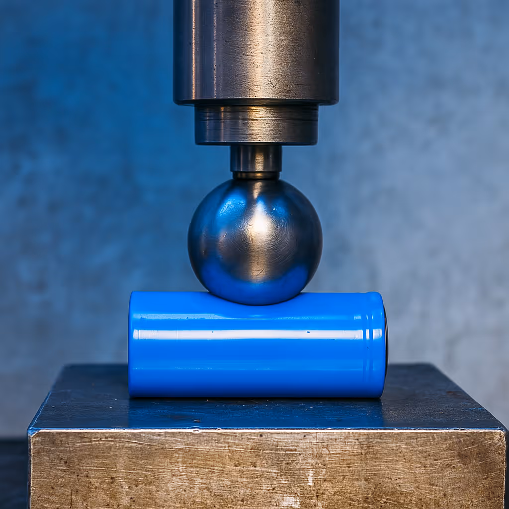 A blue plastic ball is being measured by a metal device.
