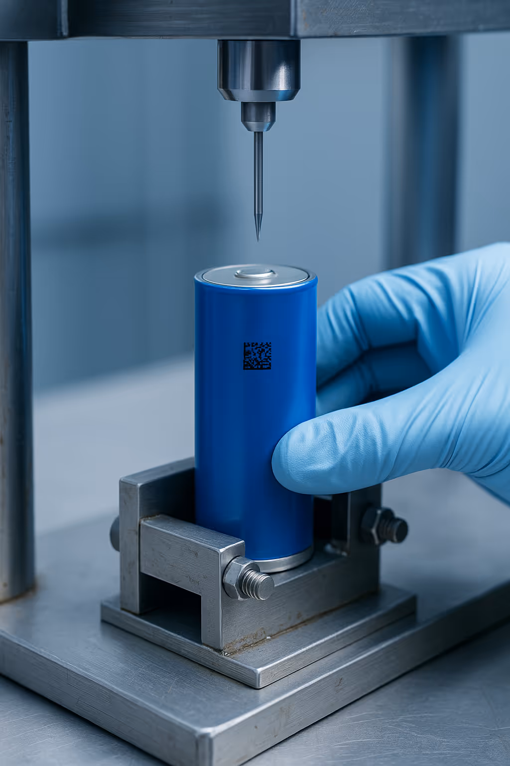 A person is holding a blue battery in a machine.
