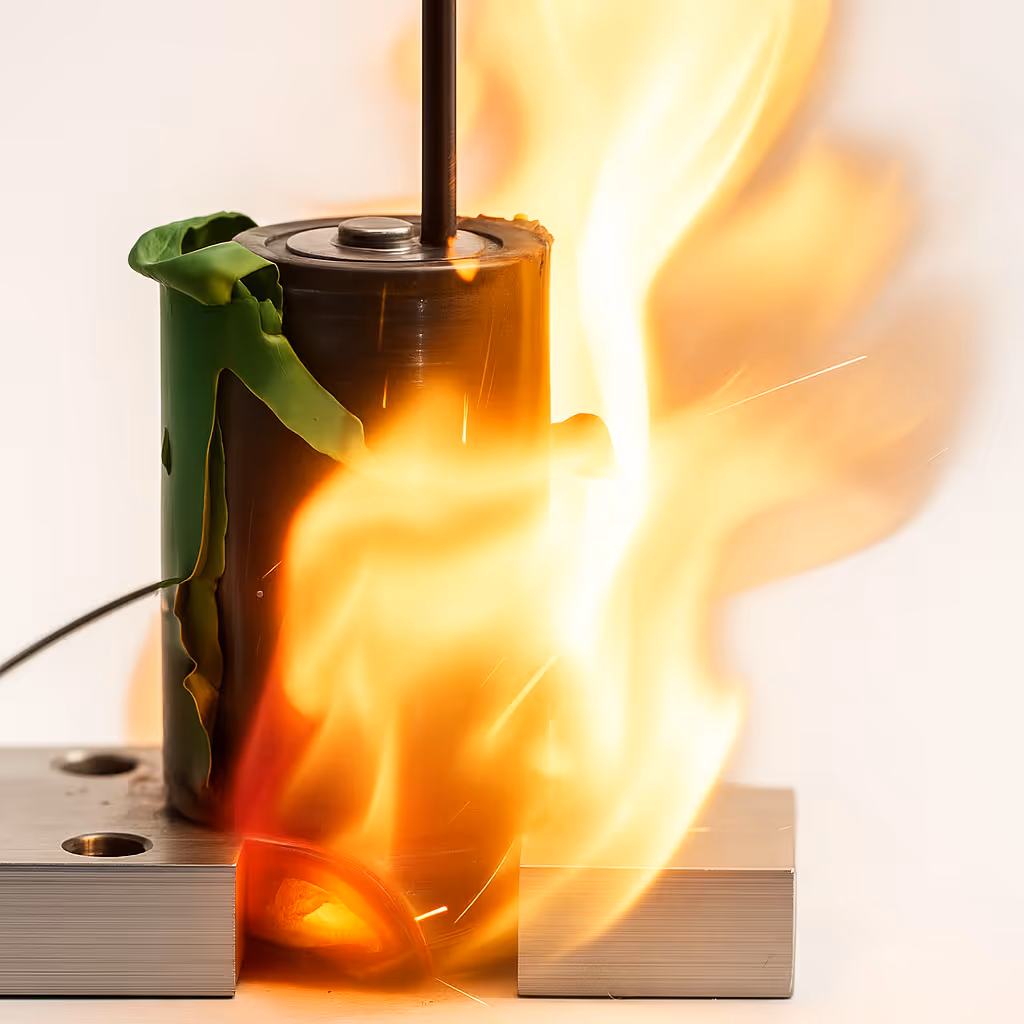 Ein Feuer brennt in einer Metallbox mit einem grünen Gegenstand darin.