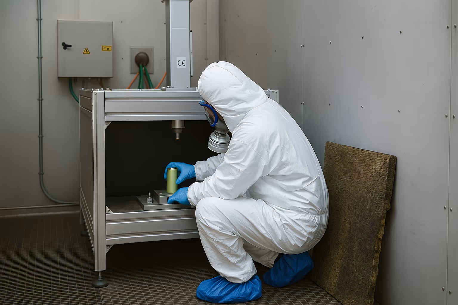 Ein Mann in einem weißen Anzug und mit einer Maske arbeitet an einer Maschine.