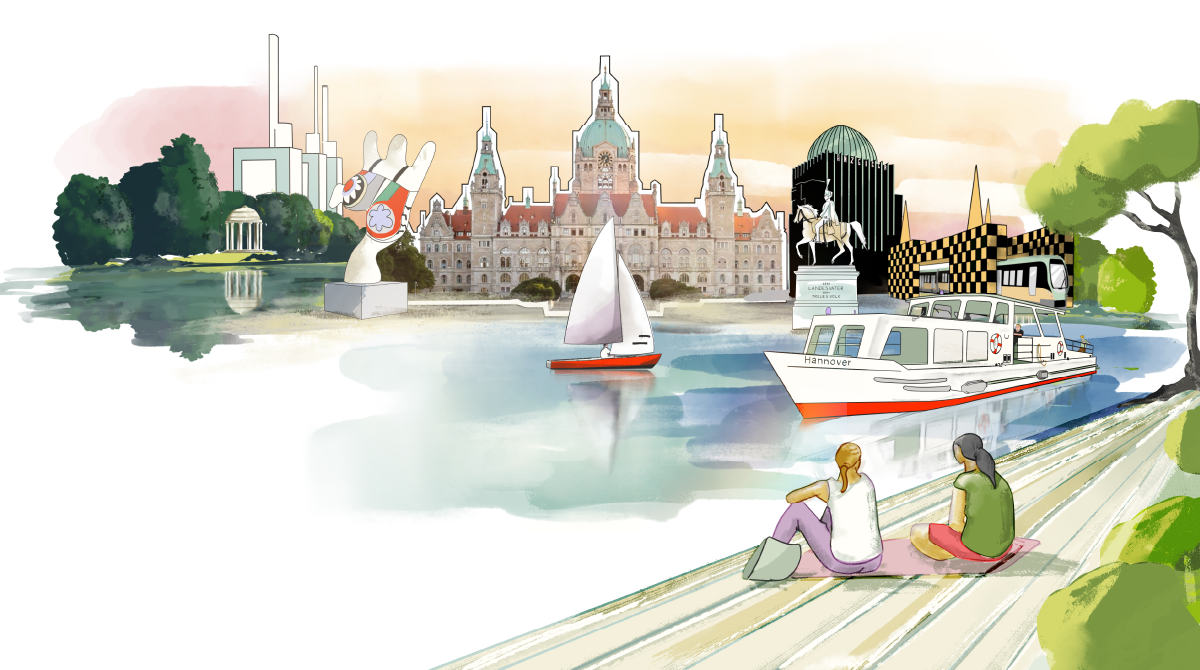 Illustration von Hannovers Wahrzeichen mit See, Segelboot, Ausflugsschiff und zwei auf Treppen sitzenden Personen.