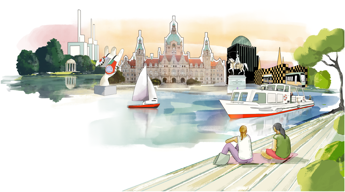Aquarell-Illustration von Hannover mit Neuem Rathaus, Maschsee, Segelboot, Ausflugsschiff, Nana-Skulptur und zwei Menschen am Ufer