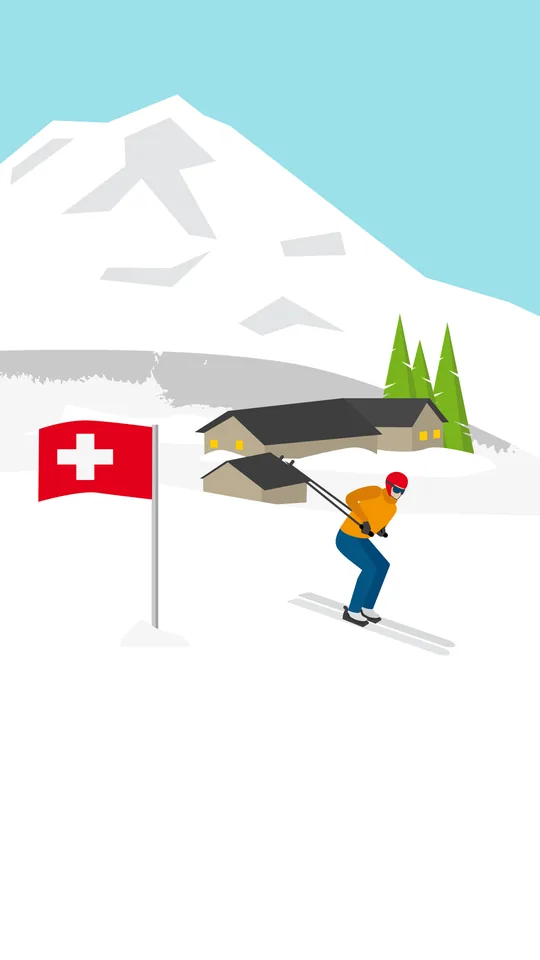Filmszene im Hochformat: Skifahrer vor Schweizer Fahne und Berghütte