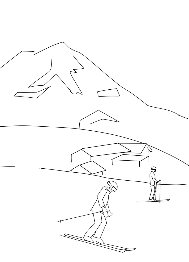 Storyboard-Skizze: Skifahrer vor Berg und Dorf