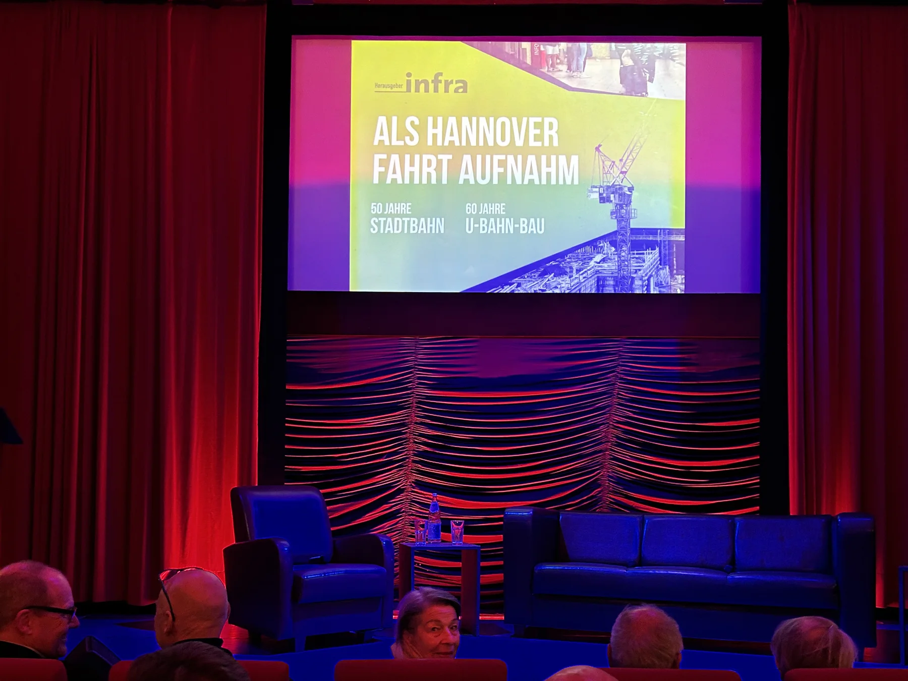 Kinosaal im Apollo Kino Hannover-Linden: Auf der Leinwand der Titel Als Hannover Fahrt aufnahm, 50 Jahre Stadtbahn, 60 Jahre U-Bahn-Bau, davor Sessel für die Talkrunde und Publikum