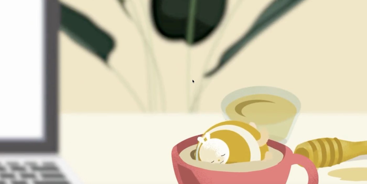 Die Biene aus dem Funny Bee Movie schläft in einer Teetasse