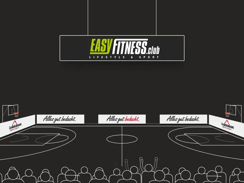 Gezeichnete Basketballhalle mit Videowürfel und Bandenwerbung