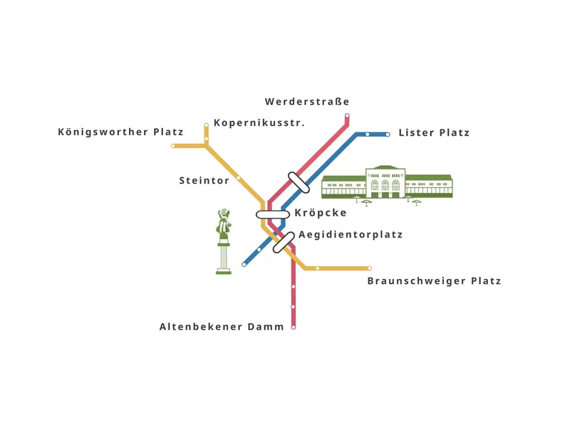 Ausschnitt aus dem Stadtbahnnetz Hannover mit Kröpcke, Steintor und Aegidientorplatz