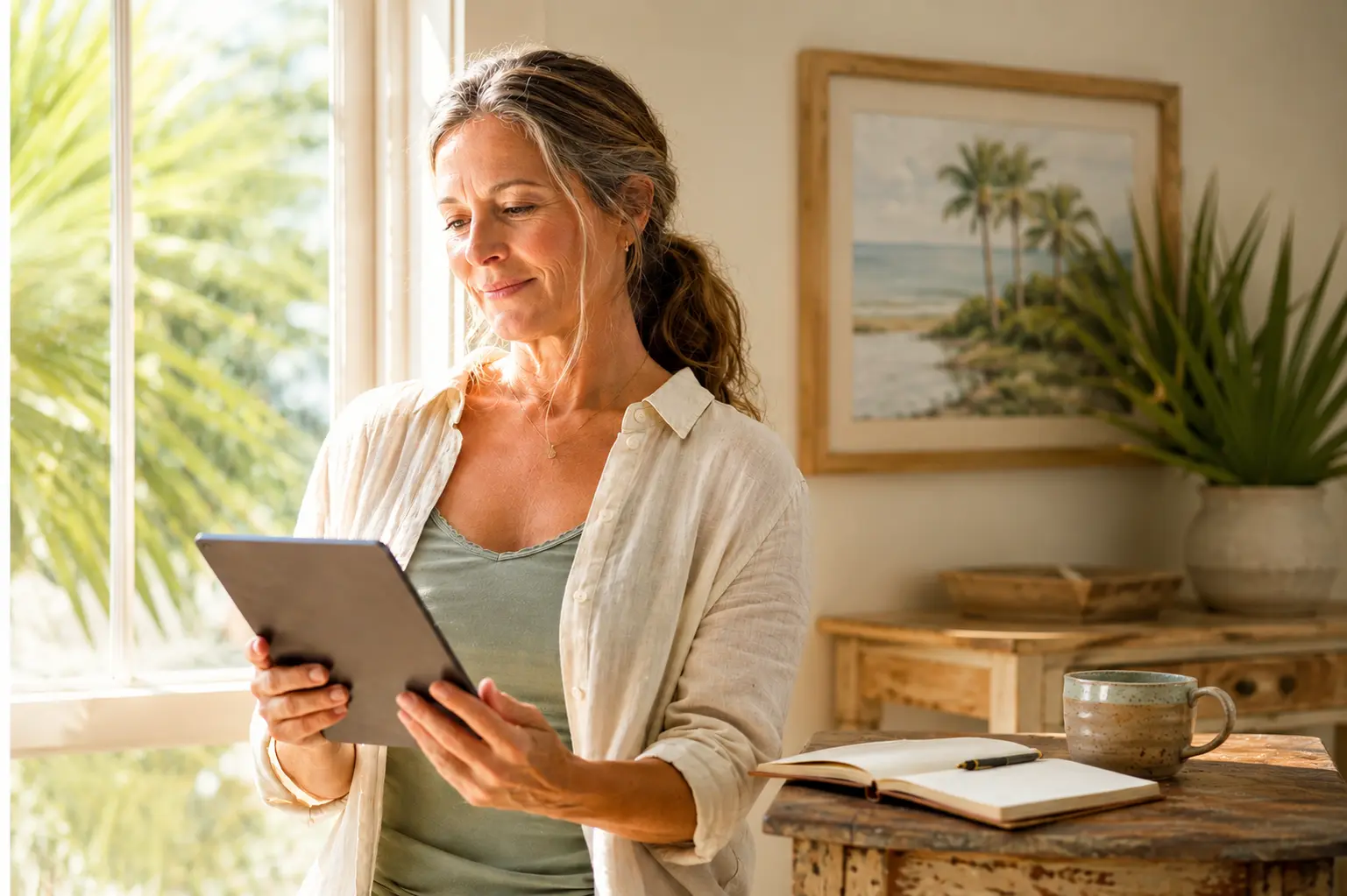 A confident woman in her early fifties stands at a sunlit window in a coastal Charleston home, reading FDA news on her tablet, her expression calm and engaged.