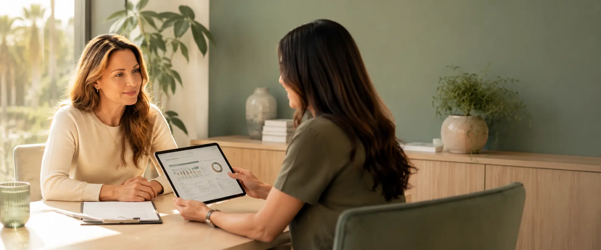 A woman in midlife reviewing her cardiovascular risk results with a Charleston longevity practitioner in a calm, modern clinical setting.