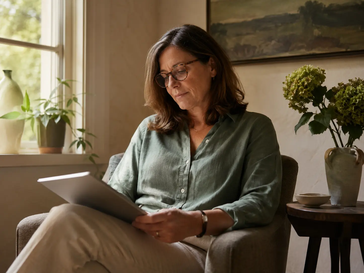 A woman carefully weighing the evidence about peptide therapy before making a decision.