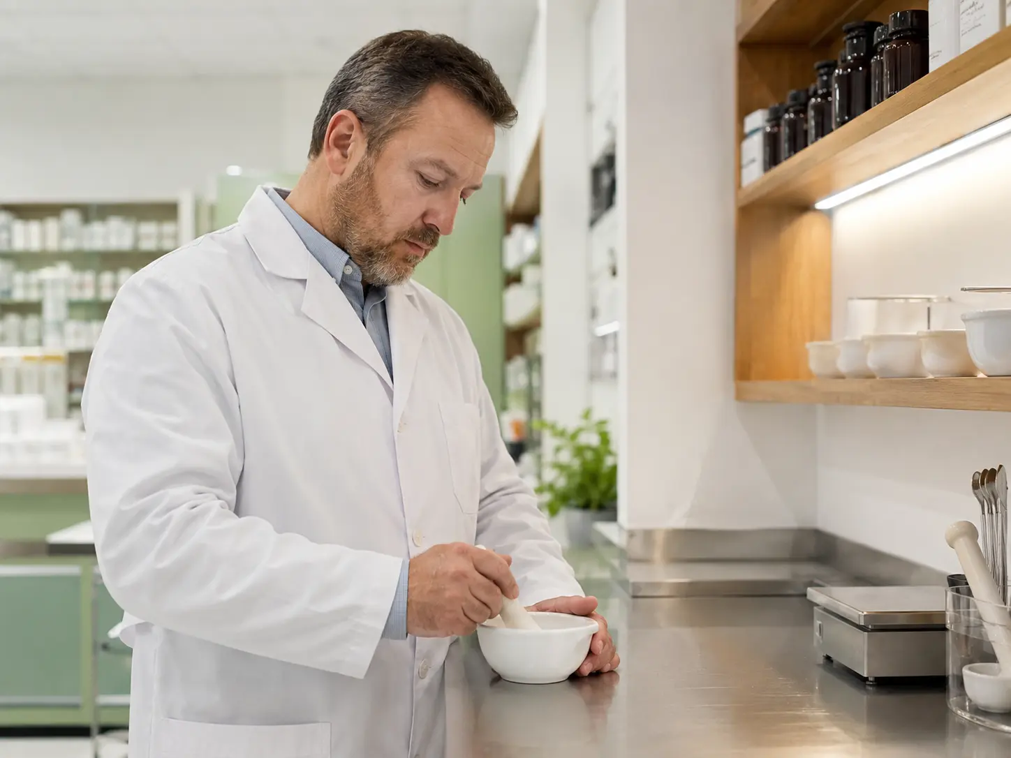 A licensed compounding pharmacist preparing medication in a regulated pharmacy, the accountable source for peptide therapy.