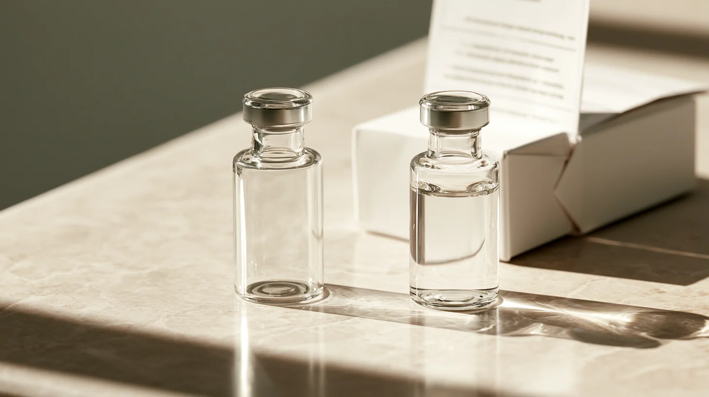 Two small clear glass injection vials on a stone counter beside a plain white pharmacy box and a folded package insert.