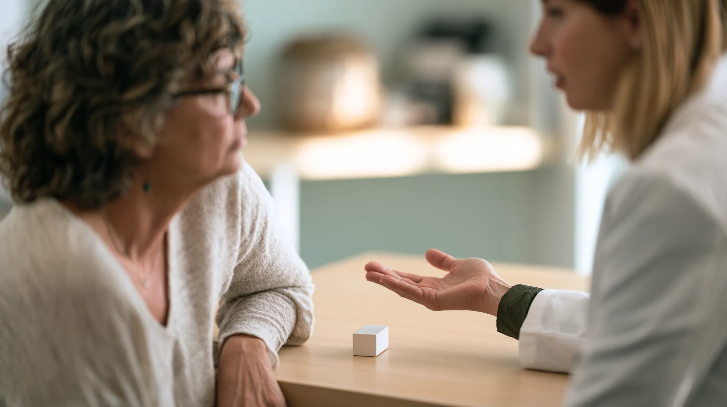 A woman in her fifties in unhurried conversation with a clinician across a table in a bright Charleston consulting room.