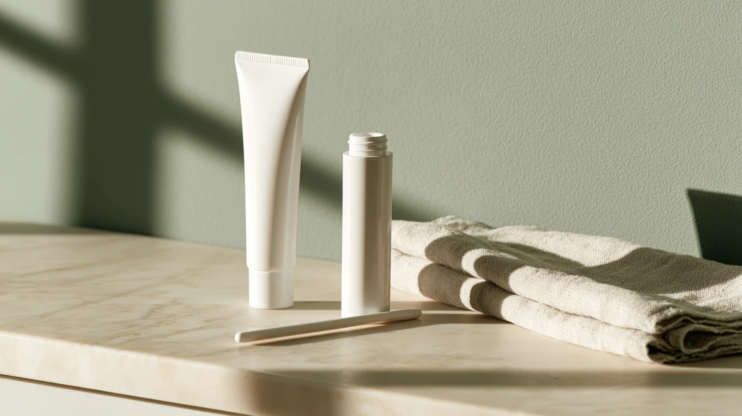 A plain unbranded tube and applicator on a marble countertop in soft morning light, representing the everyday form local estrogen treatment takes.
