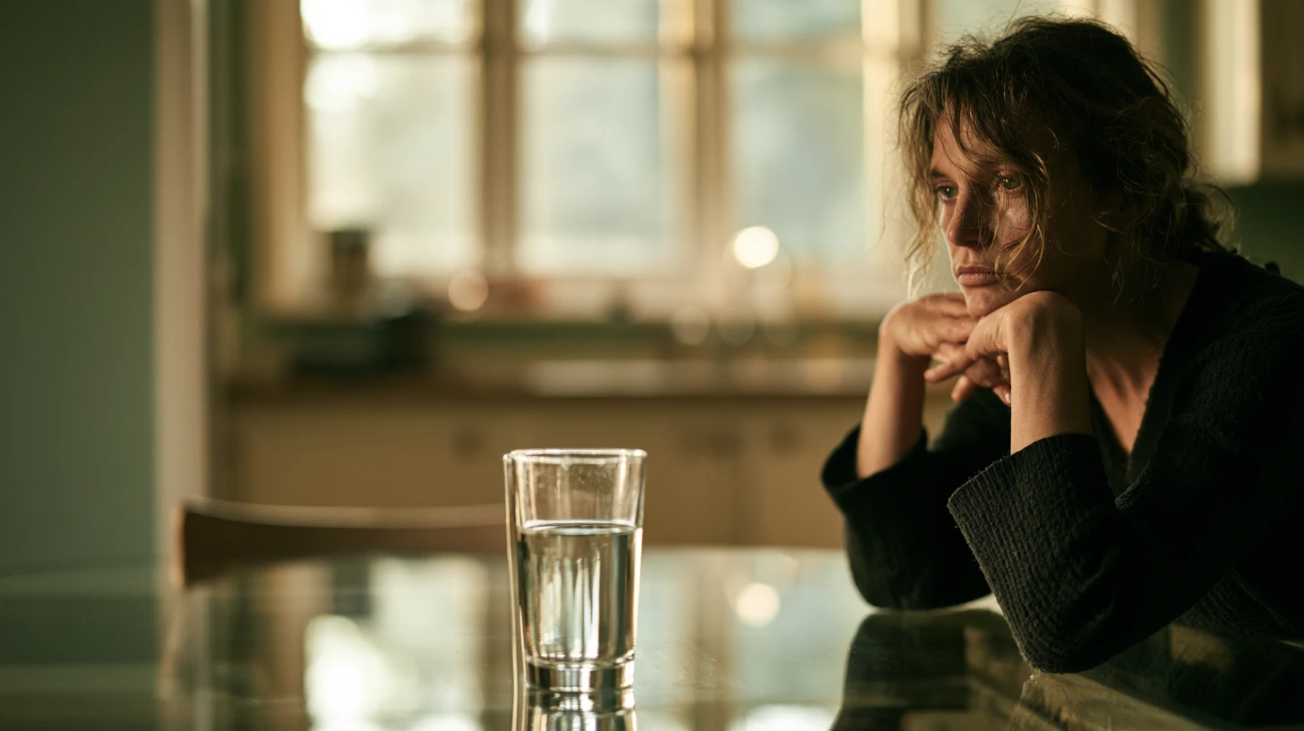 A woman in her forties sitting at a kitchen table early in the morning in natural light, awake before dawn after a night of broken sleep.