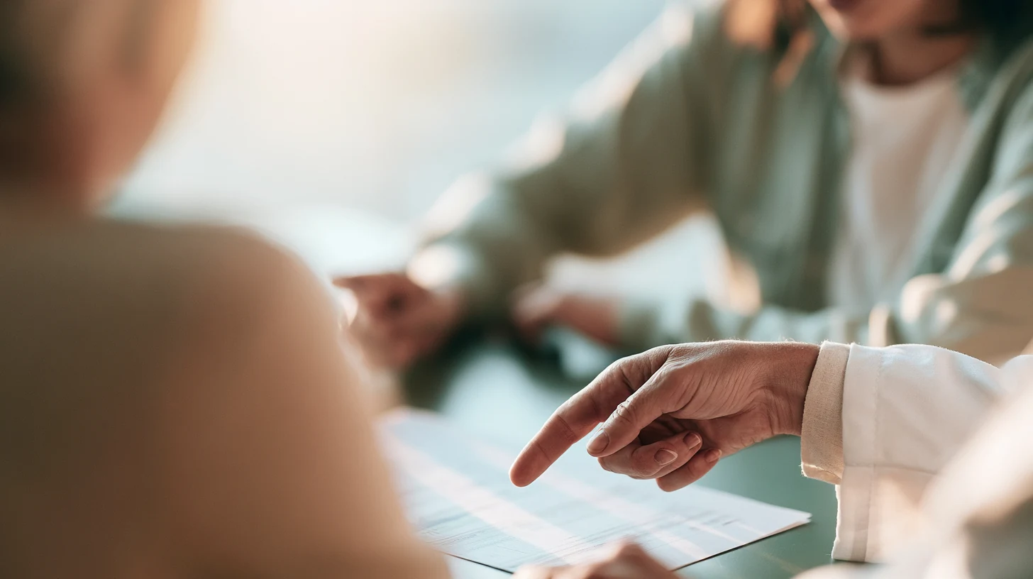 A clinician and patient reviewing a timeline together across a desk in a bright Charleston consulting room.