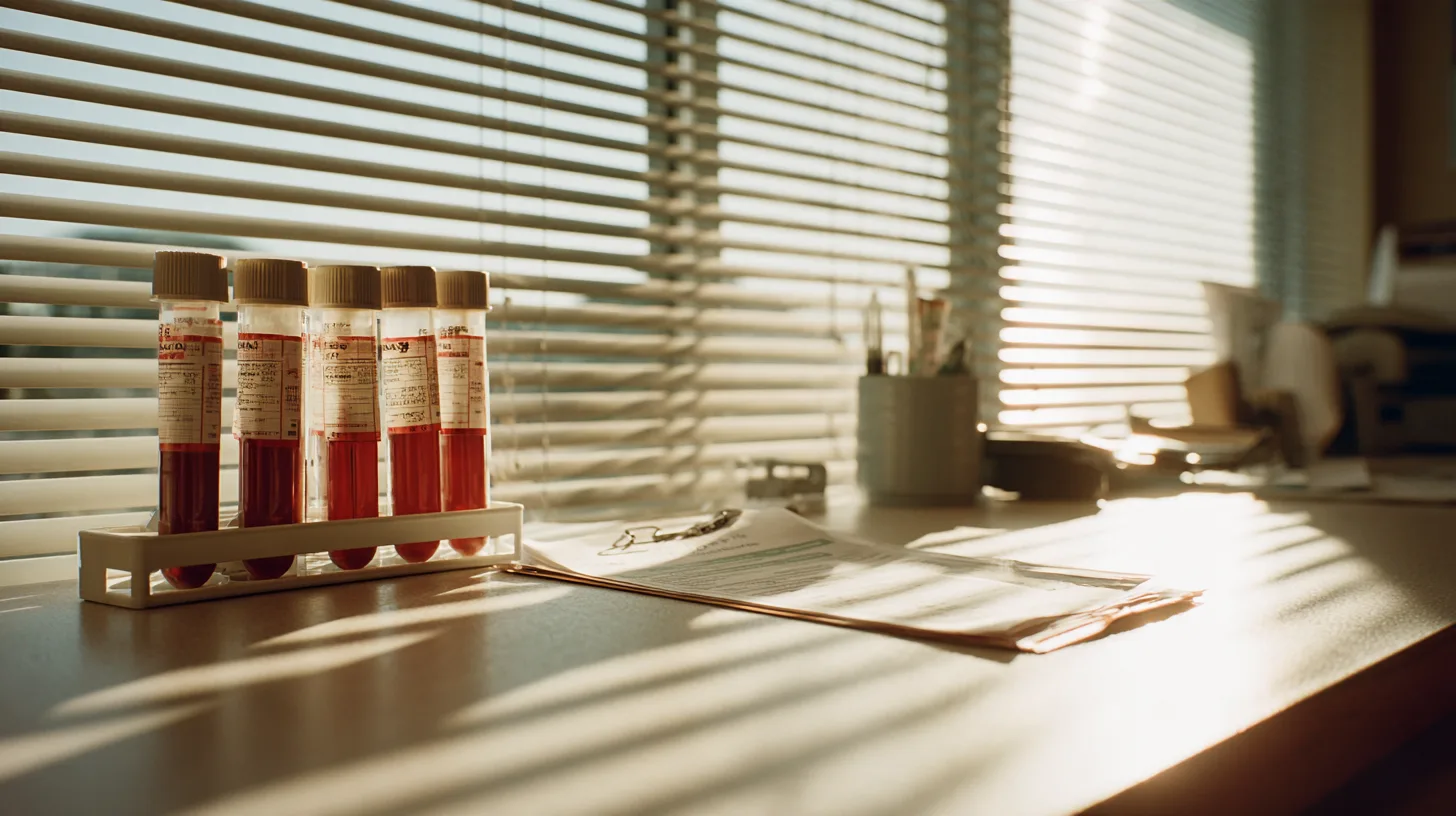 Five labeled blood collection tubes in a rack on a clinic counter beside a requisition form, in early morning light through window blinds.
