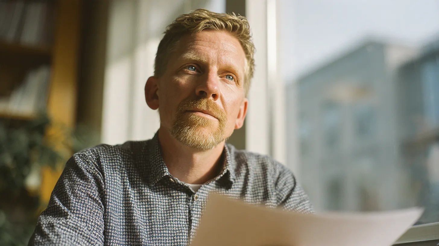 A man in his forties sitting by a bright window in a Charleston consulting room, holding a page of written questions and listening.