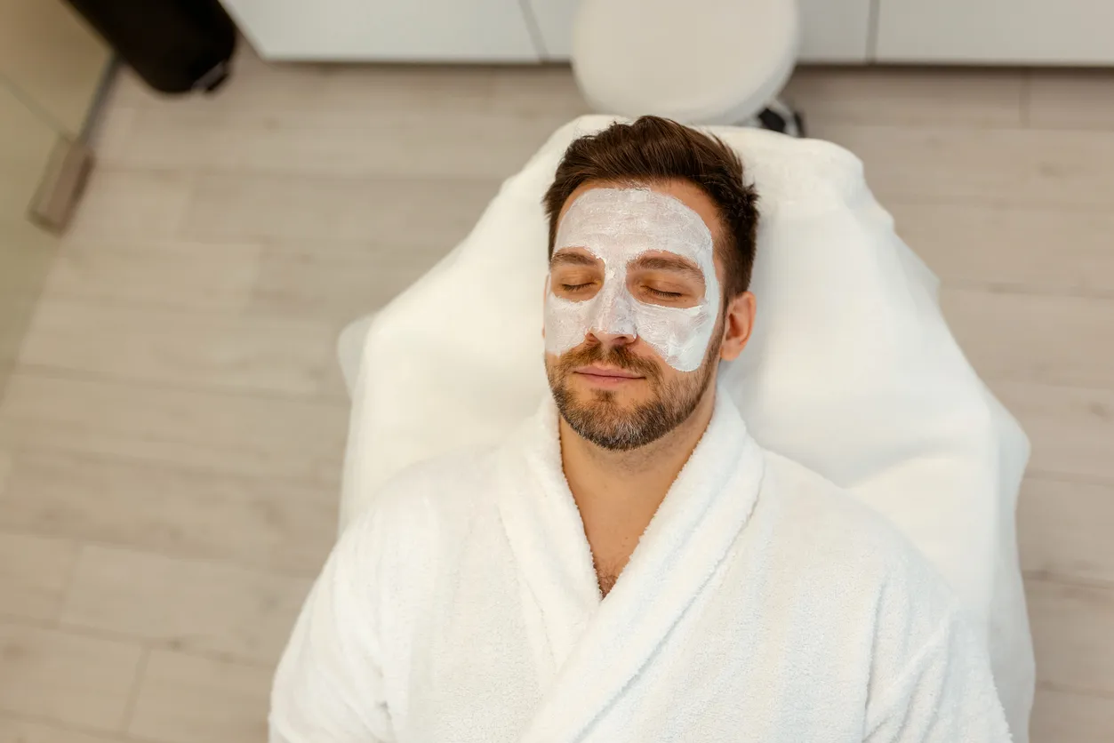 Hydrating white clay mask facial treatment for men at Project Hairway wellness spa Dubai