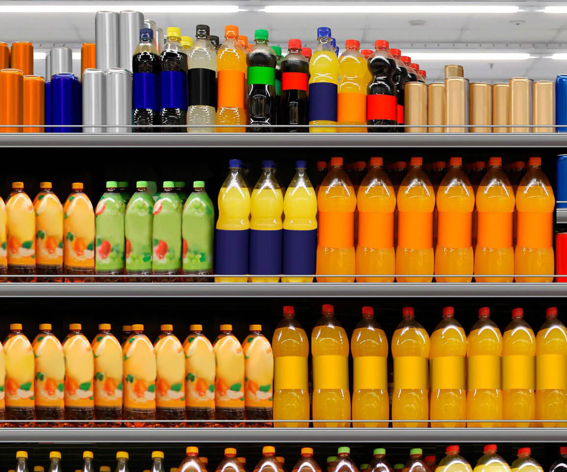 A grocery store shelf lined with generic bottles