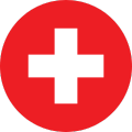 White Swiss cross centered on a red circular background.