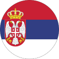 Round icon of the Serbian flag with a red, blue, and white horizontal tricolor and the Serbian coat of arms topped by a crown on the left side.