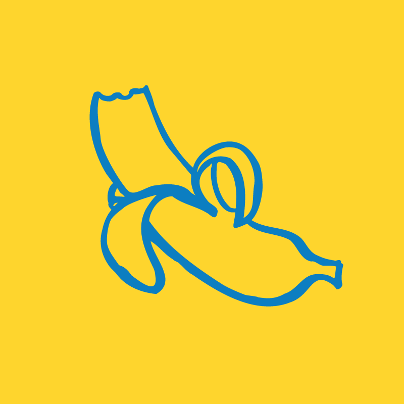 Illustration of a half-pealed banana outlined in blue over a yellow background