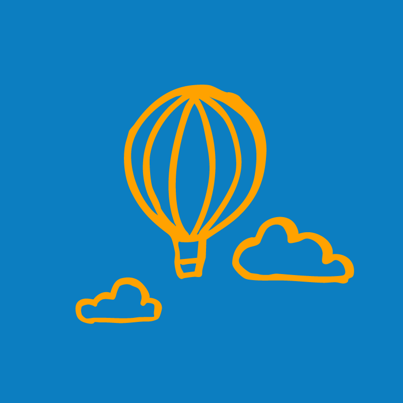 Illustration of an outlined balloon and two clouds filled in yellow over a blue background