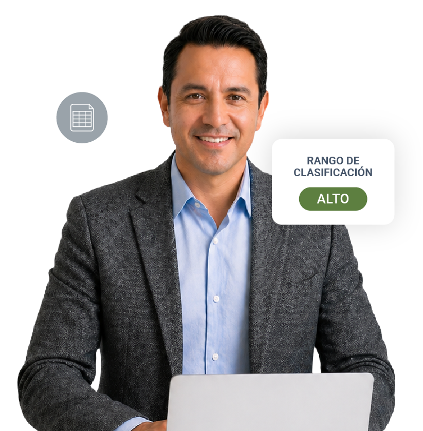 Persona joven sonriendo con suéter verde, texto que indica comprensión oral C1 y aciertos totales 83 de 100.