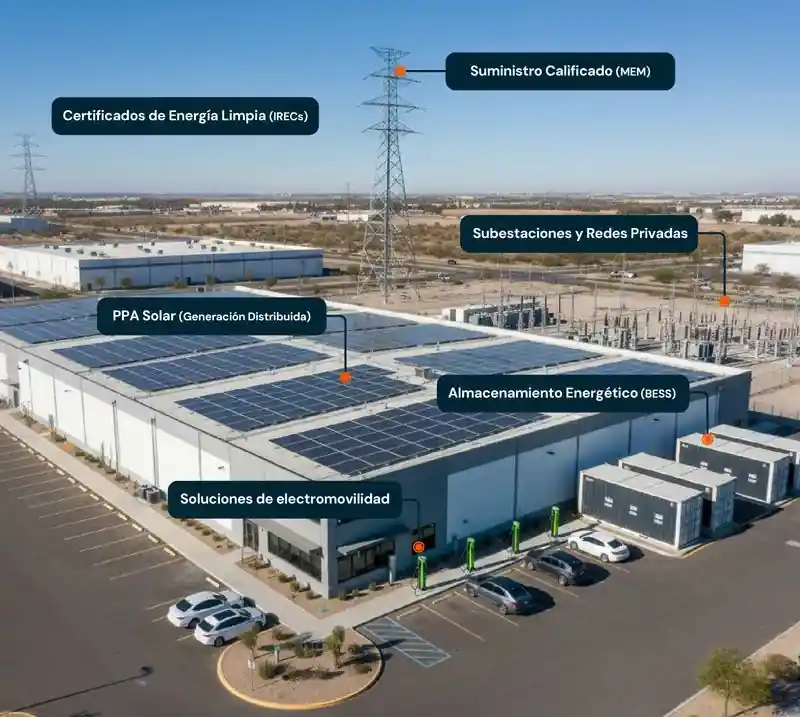 Edificio con paneles solares en el techo y estaciones de carga para vehículos eléctricos en el frente.